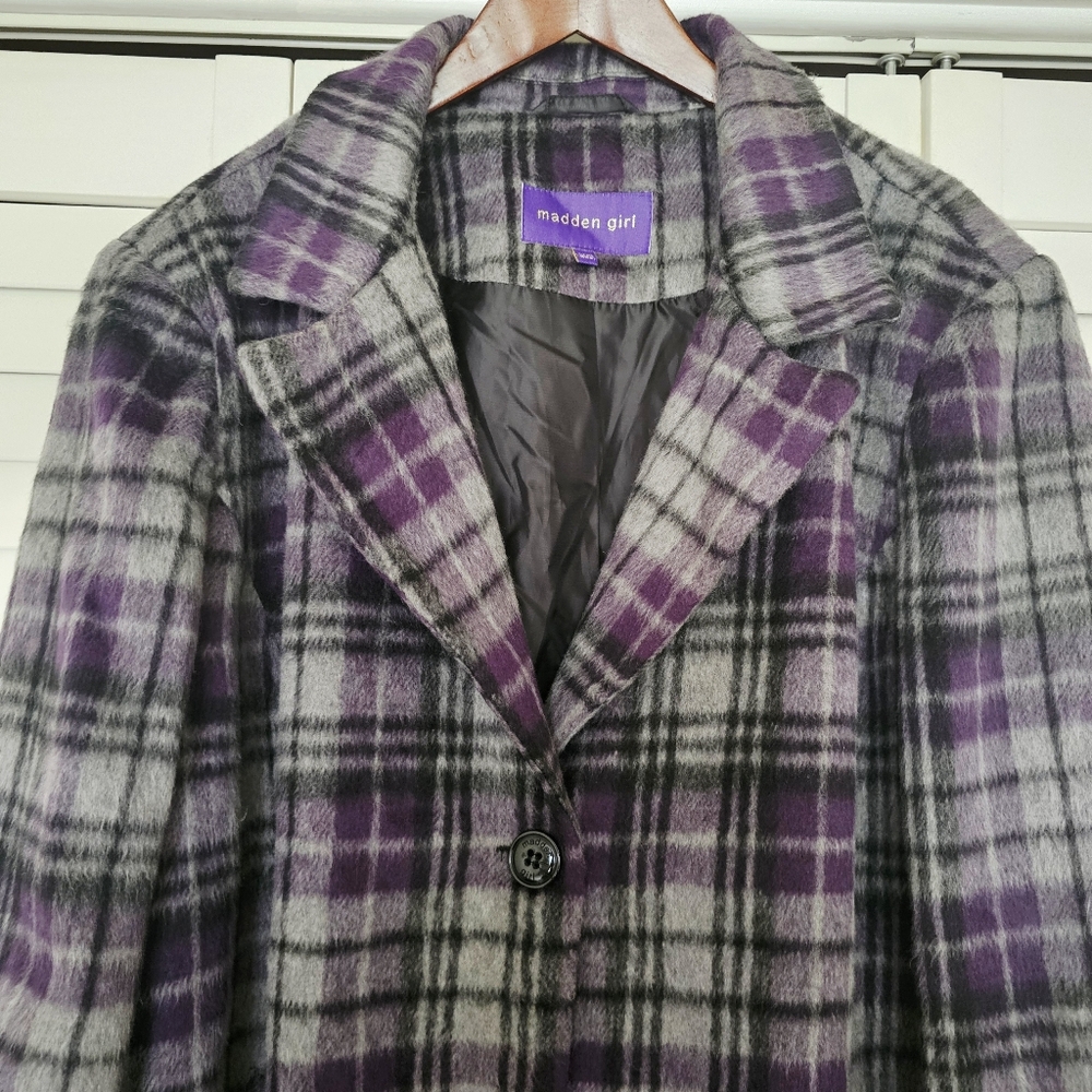 Madden Girl Plaid Coat Size 3X Gray Purple Mid Length Single Breasted Lined Soft - Picture 2 of 11